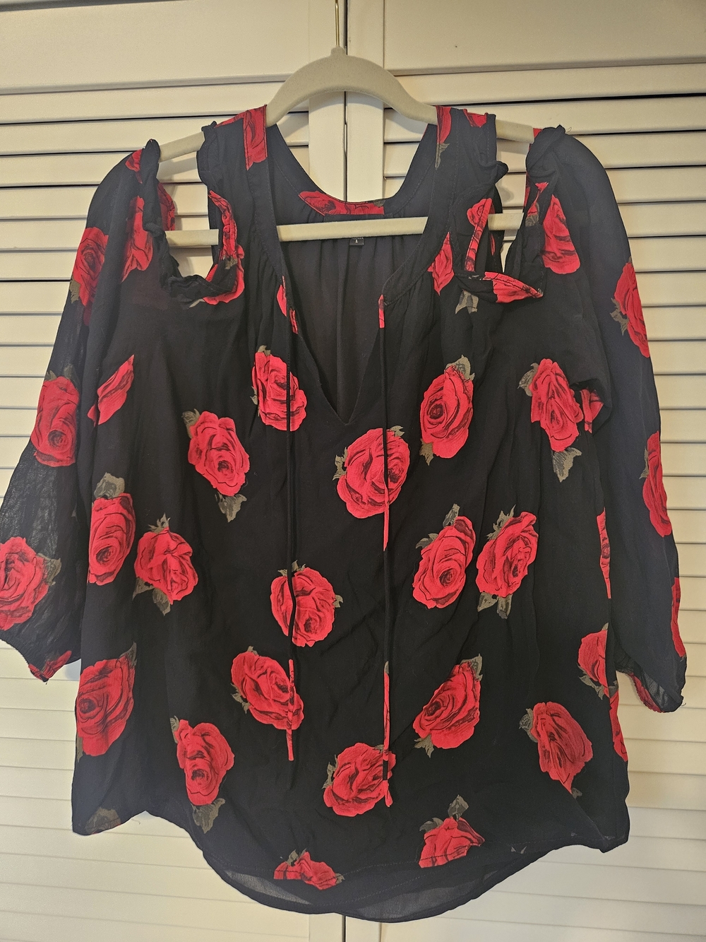 Sanctuary Black Blouse with Red Rose Print